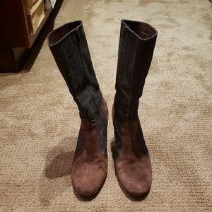 Denim and suede mid calf boot
